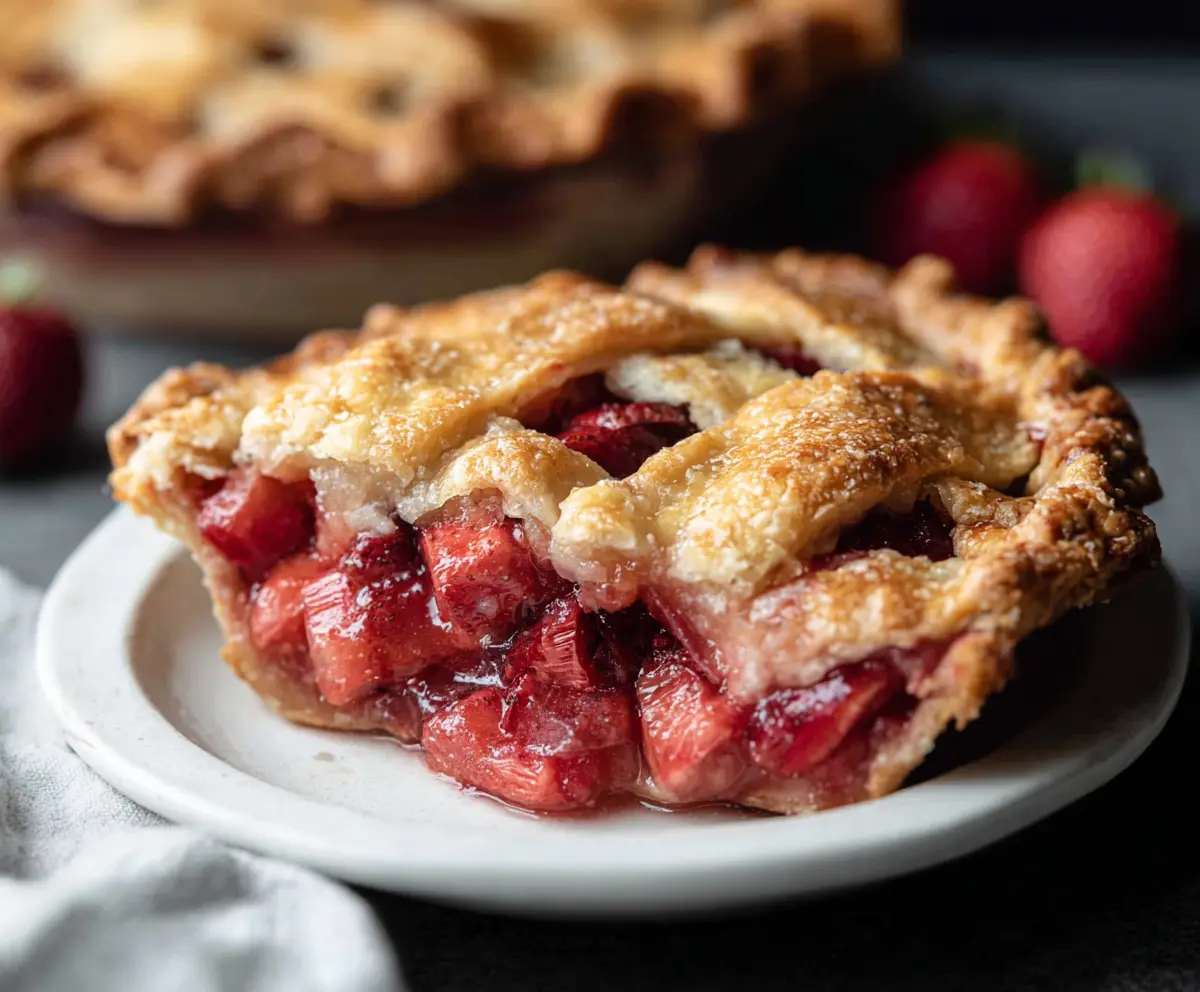 Delicious homemade Strawberry Rhubarb Pie with a golden crust and fresh fruit filling.