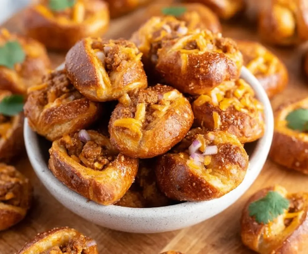 Delicious Taco Pretzel Bites with seasoned meat and cheese on a platter.