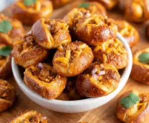Delicious Taco Pretzel Bites with seasoned meat and cheese on a platter.