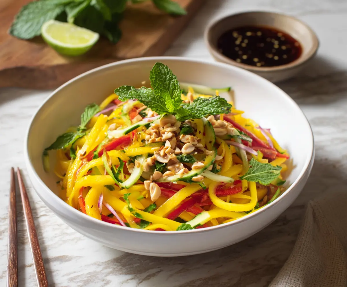 Fresh Thai Mango Salad with herbs and lime dressing, vibrant and colorful appetizer.