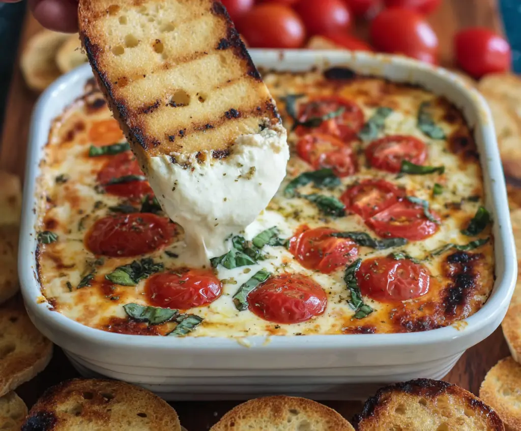 Creamy Tomato Mozzarella Caprese Dip garnished with fresh basil on a white plate.