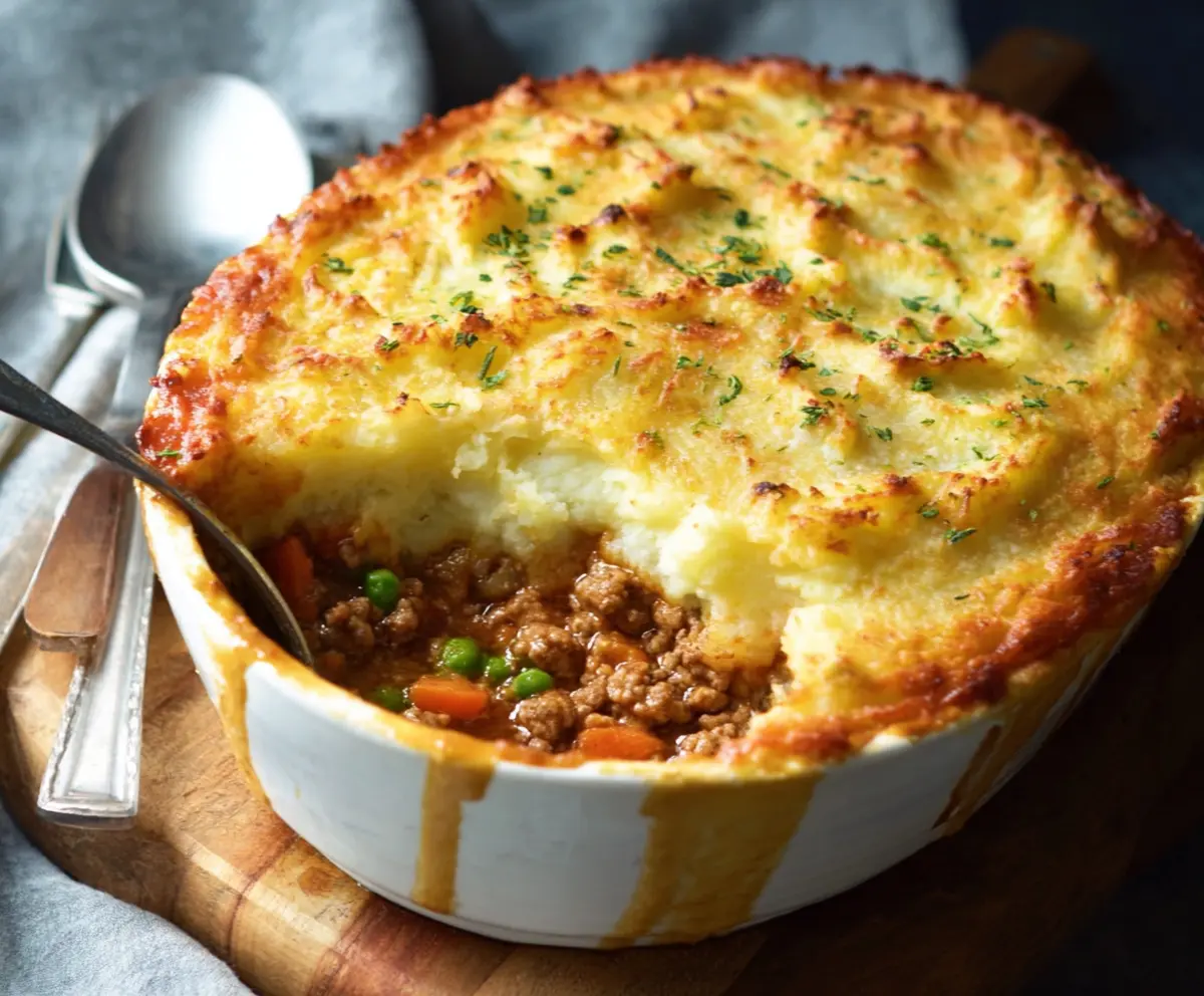 Delicious homemade Turkey Shepherd's Pie topped with mashed potatoes and golden-brown crust