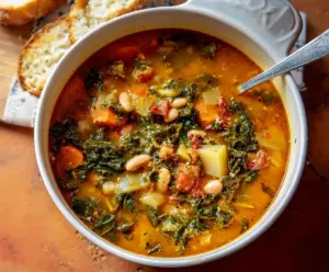 Hearty Tuscan Ribollita Soup with fresh vegetables and crusty bread, perfect for a cozy meal.