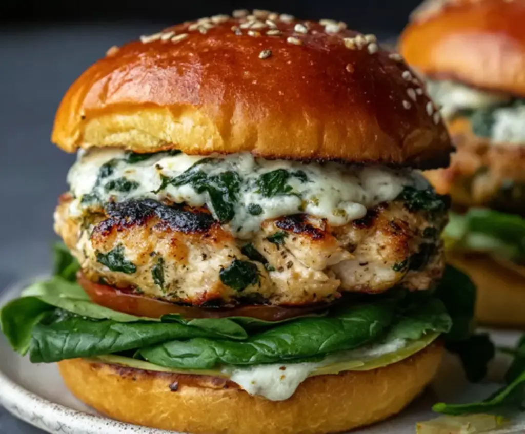 Juicy white cheddar spinach chicken burger served with fresh greens on a plate.