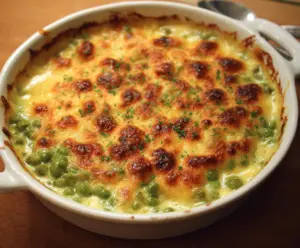 Delicious Au Gratin Creamed Peas served in a rustic dish, showcasing a creamy, cheesy vegetable side dish.