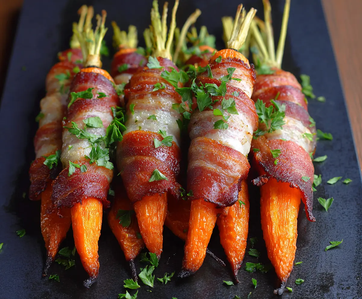 Delicious bacon-wrapped carrots roasted to perfection, a savory appetizer or side dish.