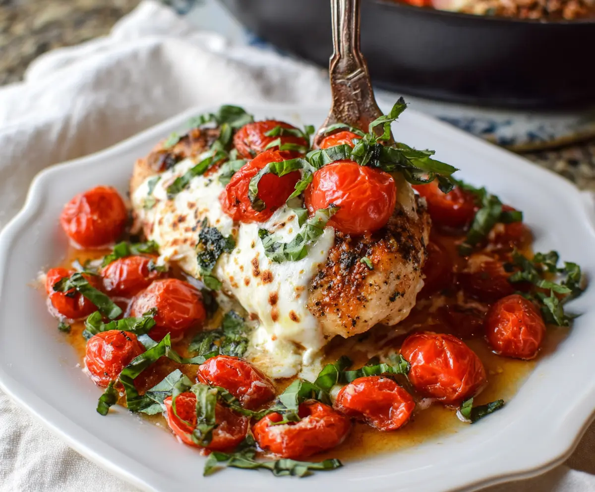 Delicious Baked Caprese Chicken with melted mozzarella, fresh basil, and cherry tomatoes on top.