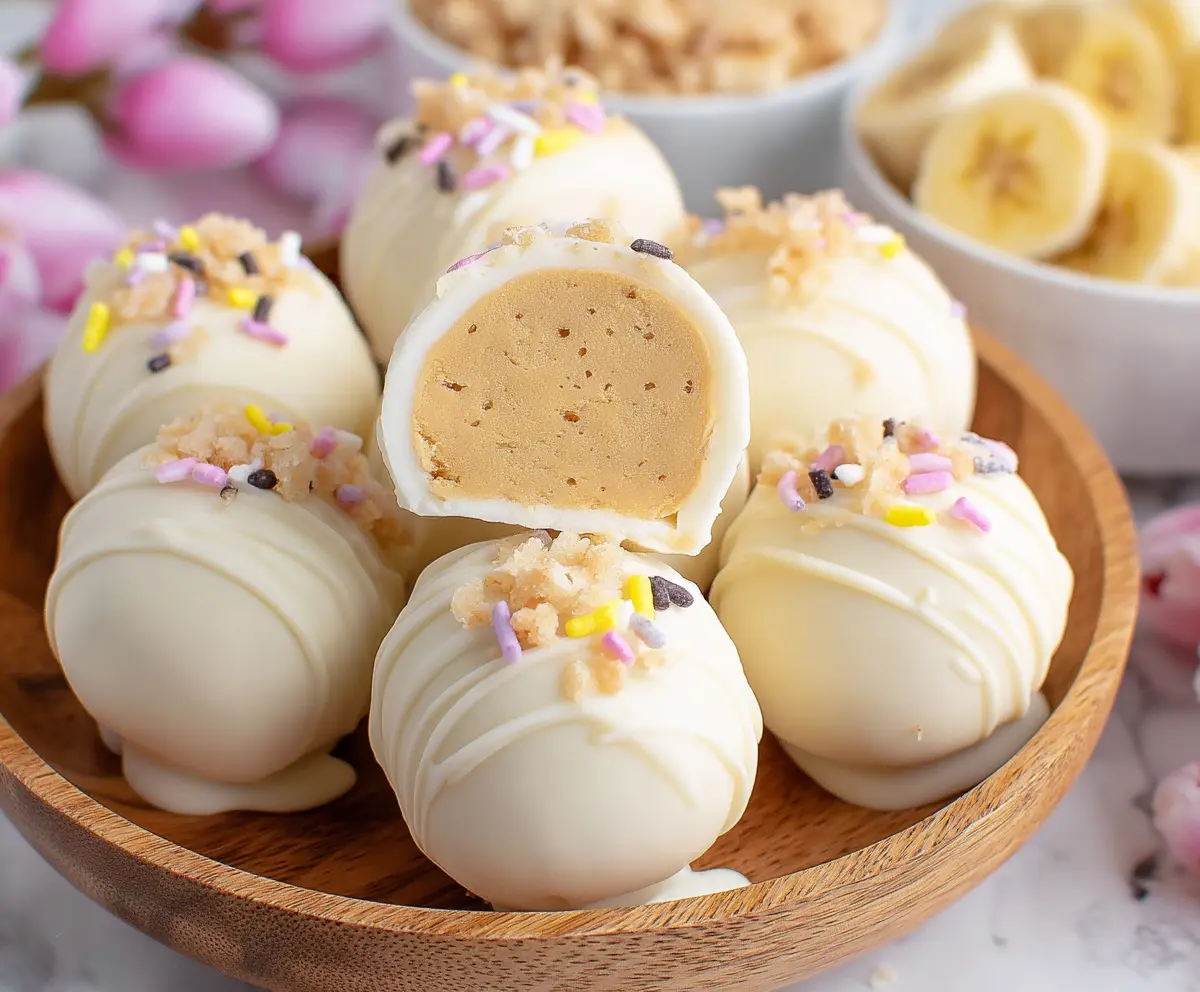 Creamy banana pudding Easter truffles topped with colorful sprinkles, perfect for spring celebrations.