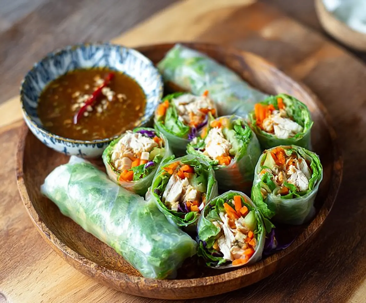 Delicious Bang Bang Chicken Rice Paper Rolls with fresh vegetables and creamy sauce