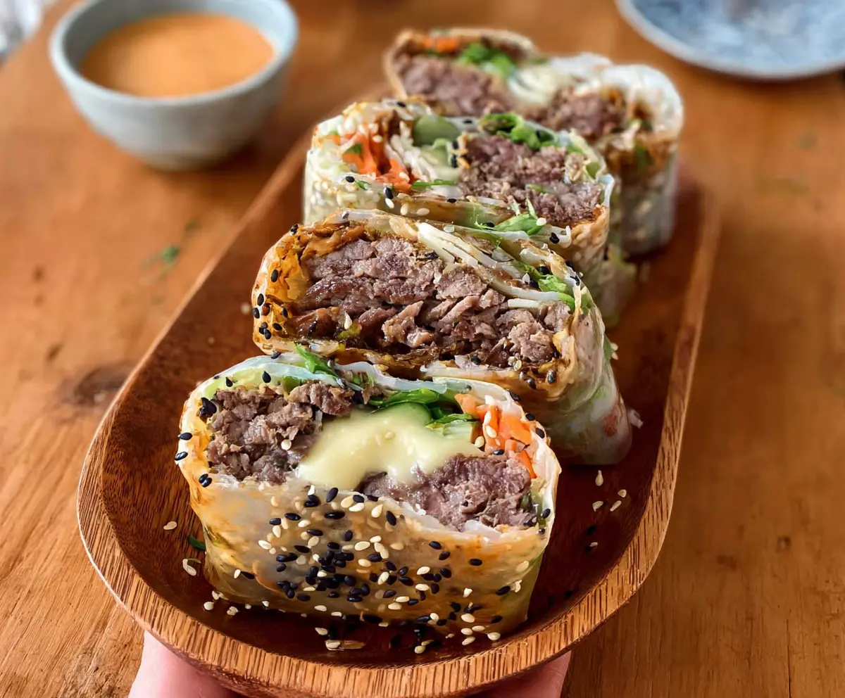Delicious Big Mac Rice Paper Rolls with lettuce, cheese, and beef filling
