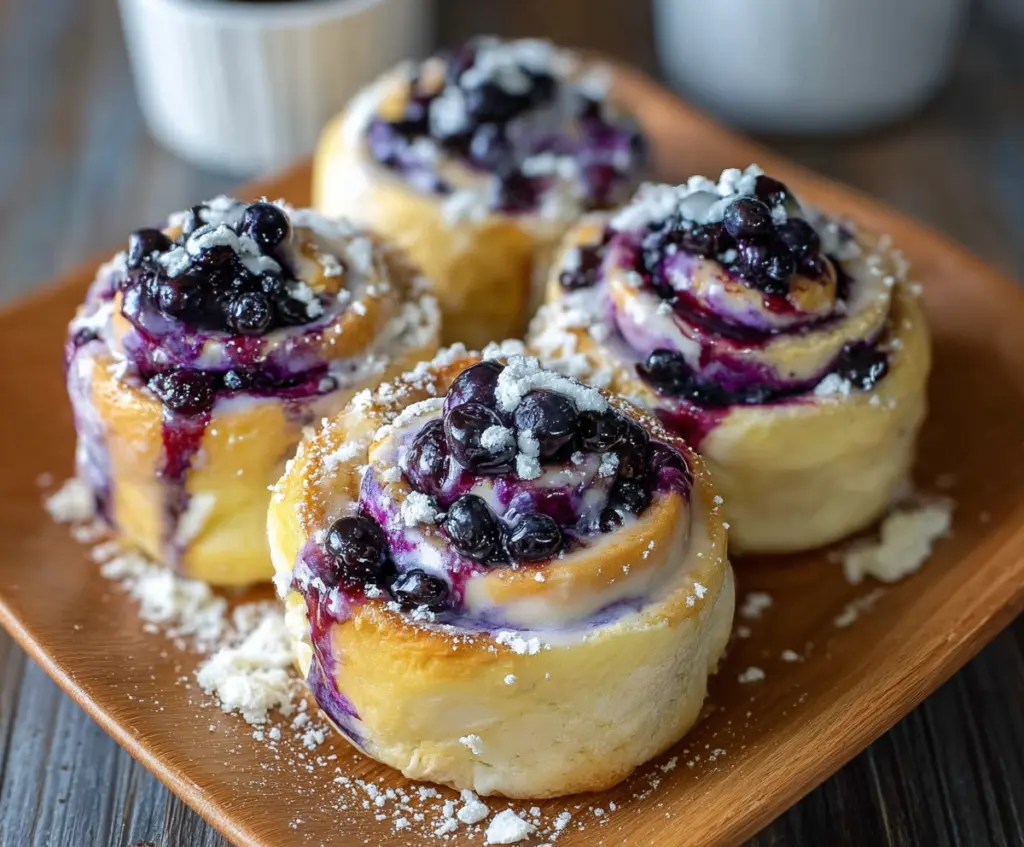 Delicious blueberry cheesecake rolls with cream cheese filling and fresh blueberries.