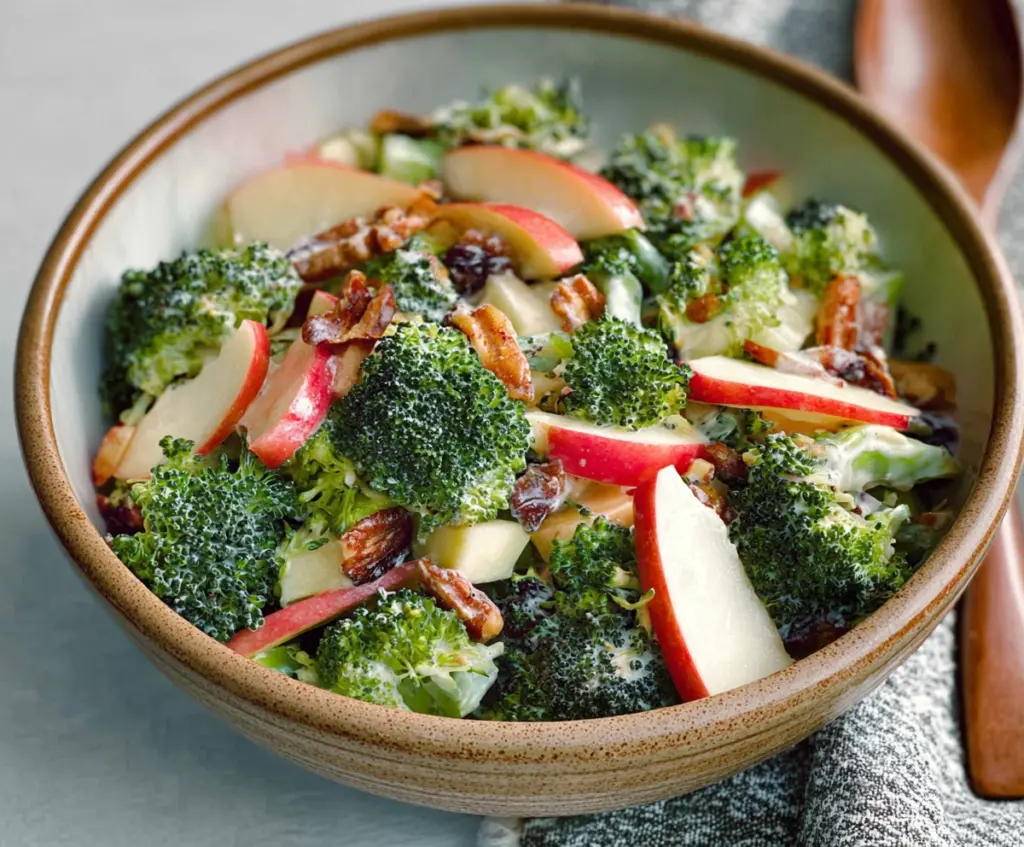 Bright and fresh broccoli and apple salad garnished with nuts in a clear glass bowl.