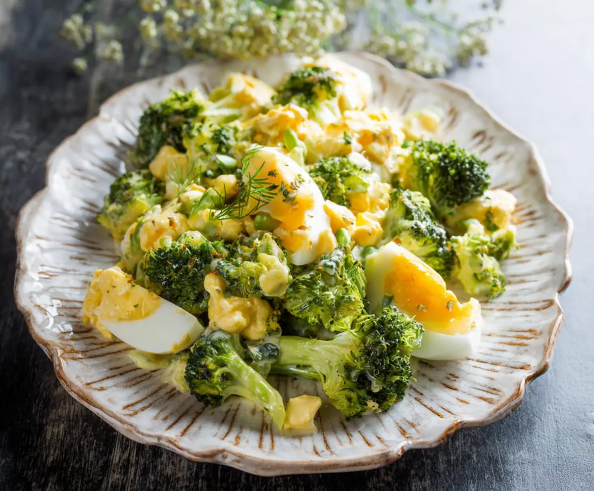 Delicious broccoli egg salad with fresh greens and creamy dressing.