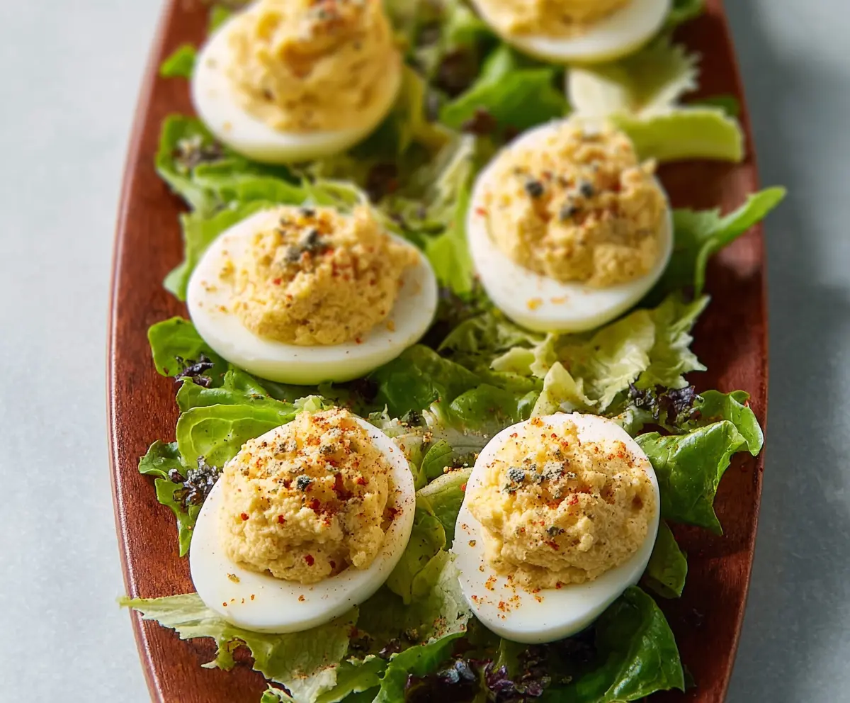 Delicious Caesar Deviled Eggs garnished with herbs on a serving plate.