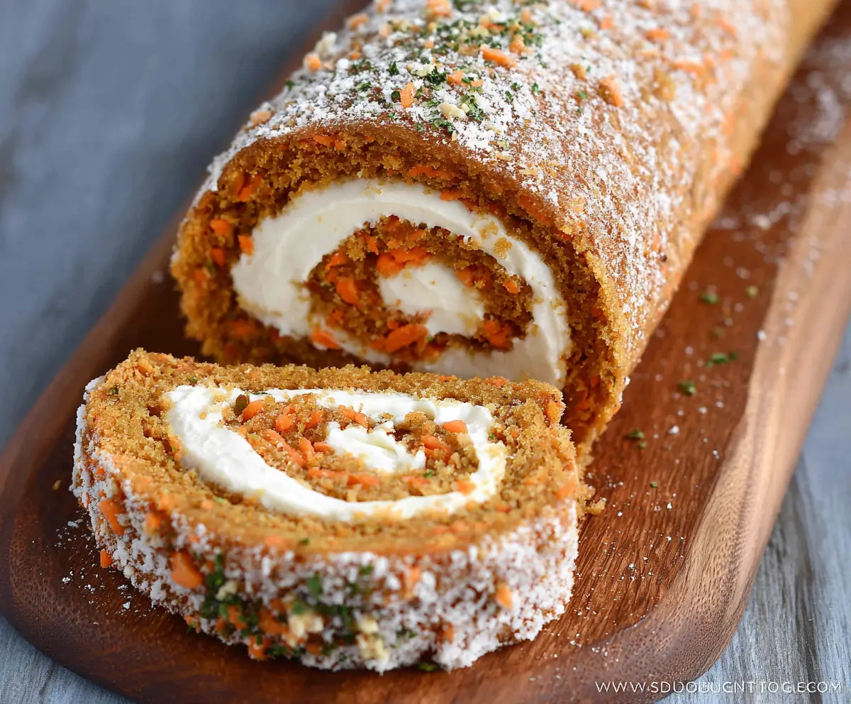 Delicious homemade carrot cake roll with cream cheese frosting on a serving platter
