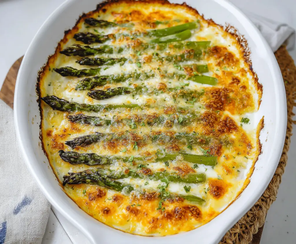 Delicious Cheesy Asparagus Bake with melted cheese and fresh asparagus on a baking dish.