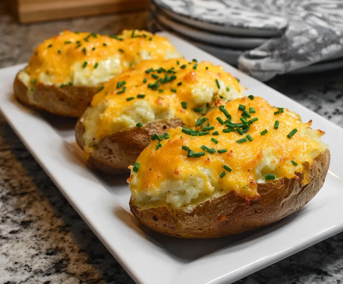 Delicious cheesy baked potatoes topped with melted cheese and herbs, perfect for a hearty meal.