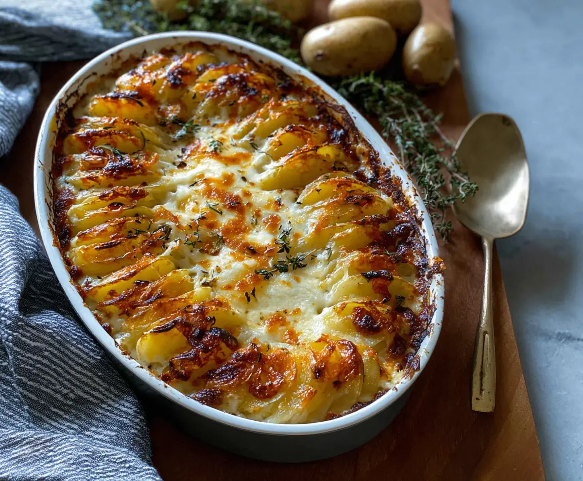 Delicious cheesy garlic butter potato bake served hot with melted cheese and herbs.