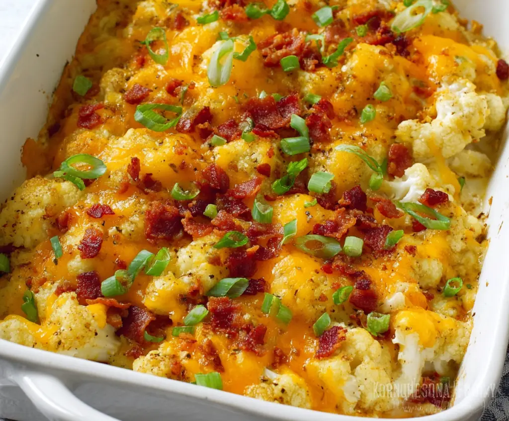 Delicious cheesy loaded cauliflower casserole topped with melted cheese and bacon bits.