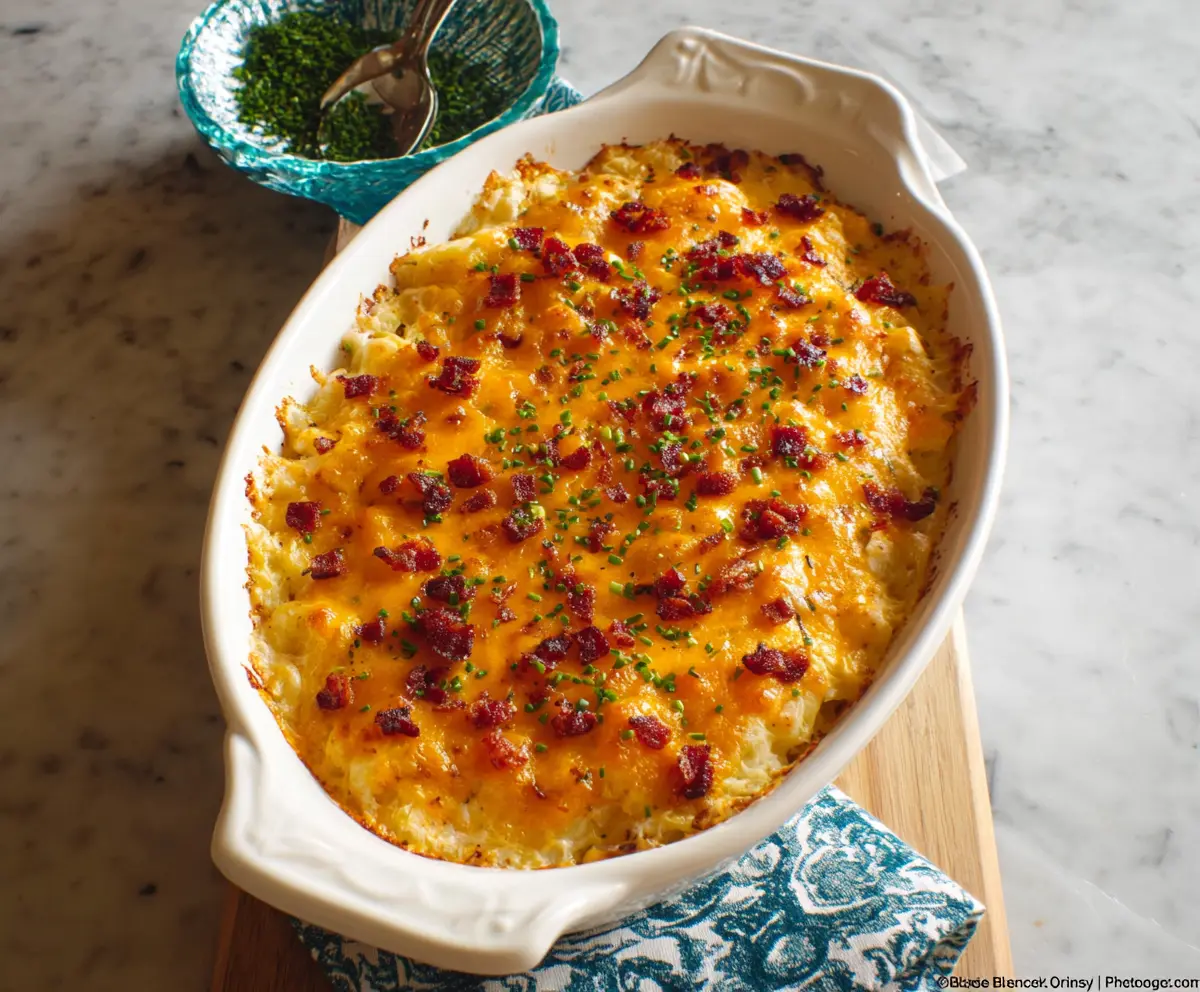 Delicious Cheesy Ranch Potato Casserole with melted cheese and herbs in a baking dish