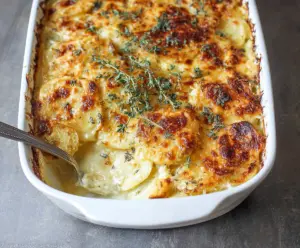 Creamy and cheesy scalloped potatoes baked to perfection, served as a delicious side dish.