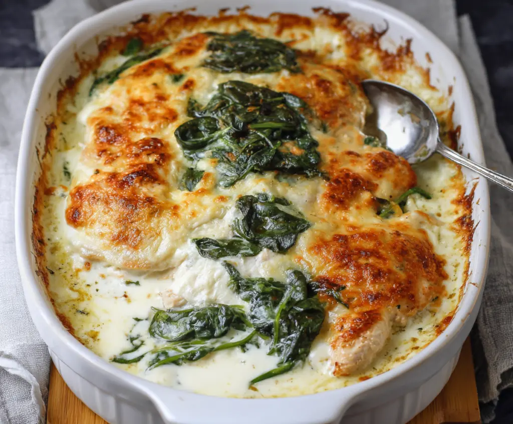 Delicious chicken and spinach casserole topped with melted cheese and creamy sauce.
