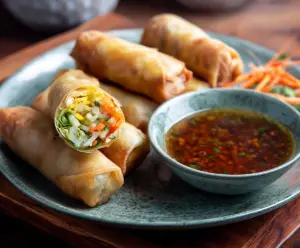 Crispy chicken spring rolls served with dipping sauce on a white platter, perfect appetizer or snack