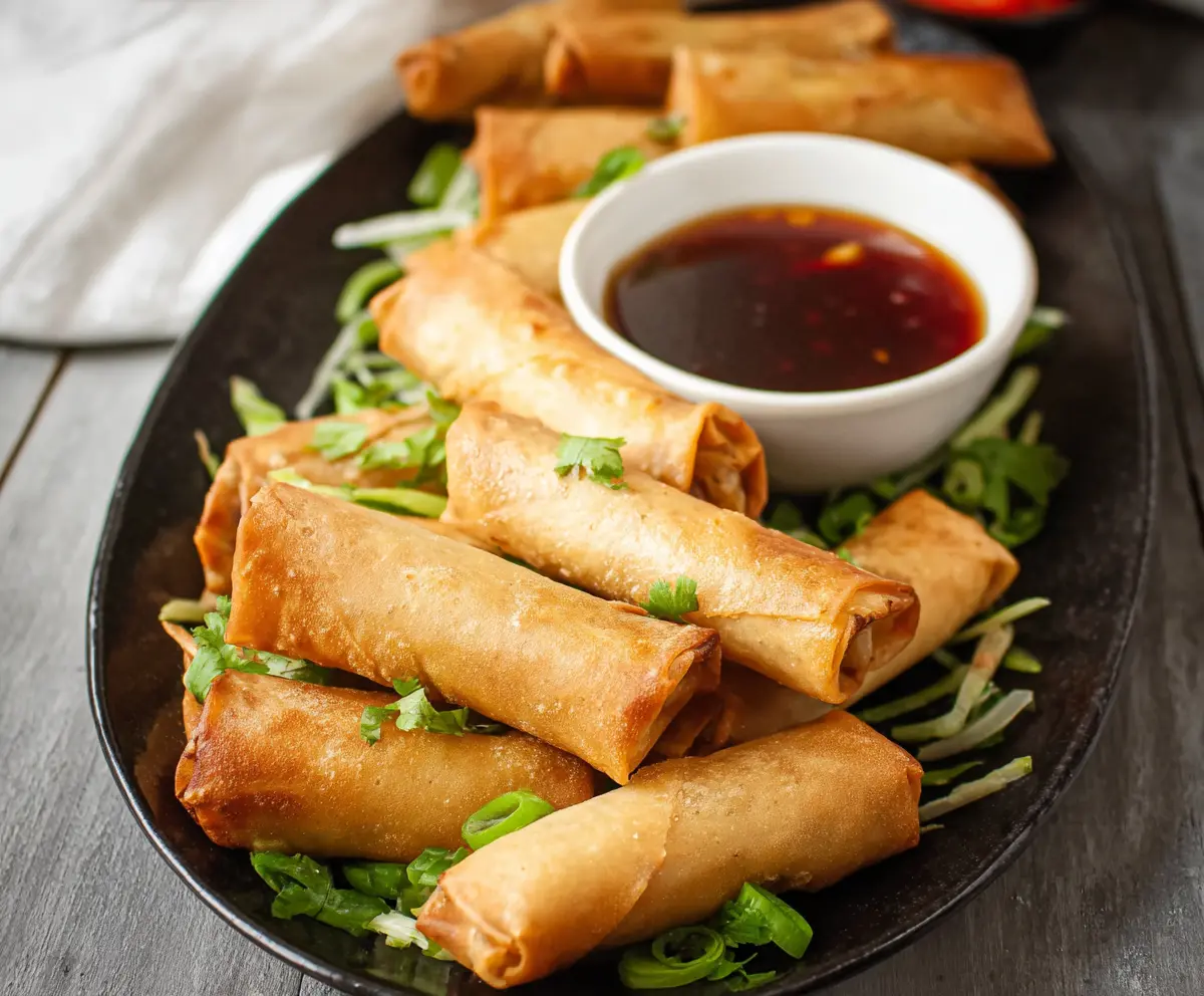 Crispy Chinese spring rolls filled with vegetables and served on a white plate