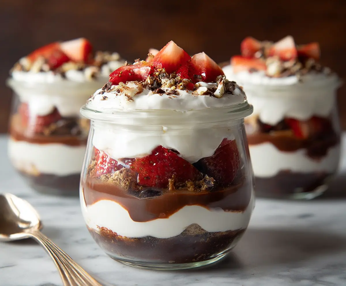 Delicious chocolate strawberry cake parfait with layers of rich chocolate and fresh strawberries in a glass