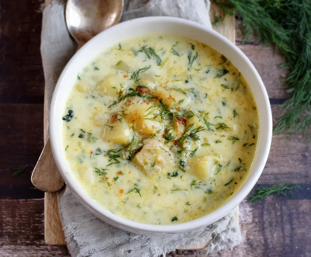 A bowl of creamy chunky potato dill soup garnished with fresh dill and served hot.