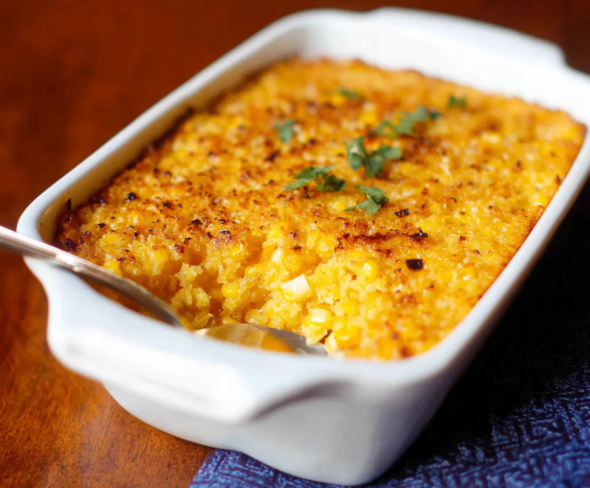 Delicious baked corn casserole with golden crust and creamy texture, served as a delightful side dish.