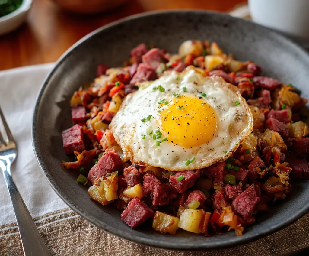 Sizzling Corned Beef Hash served with golden potatoes and perfectly fried eggs for a hearty breakfast