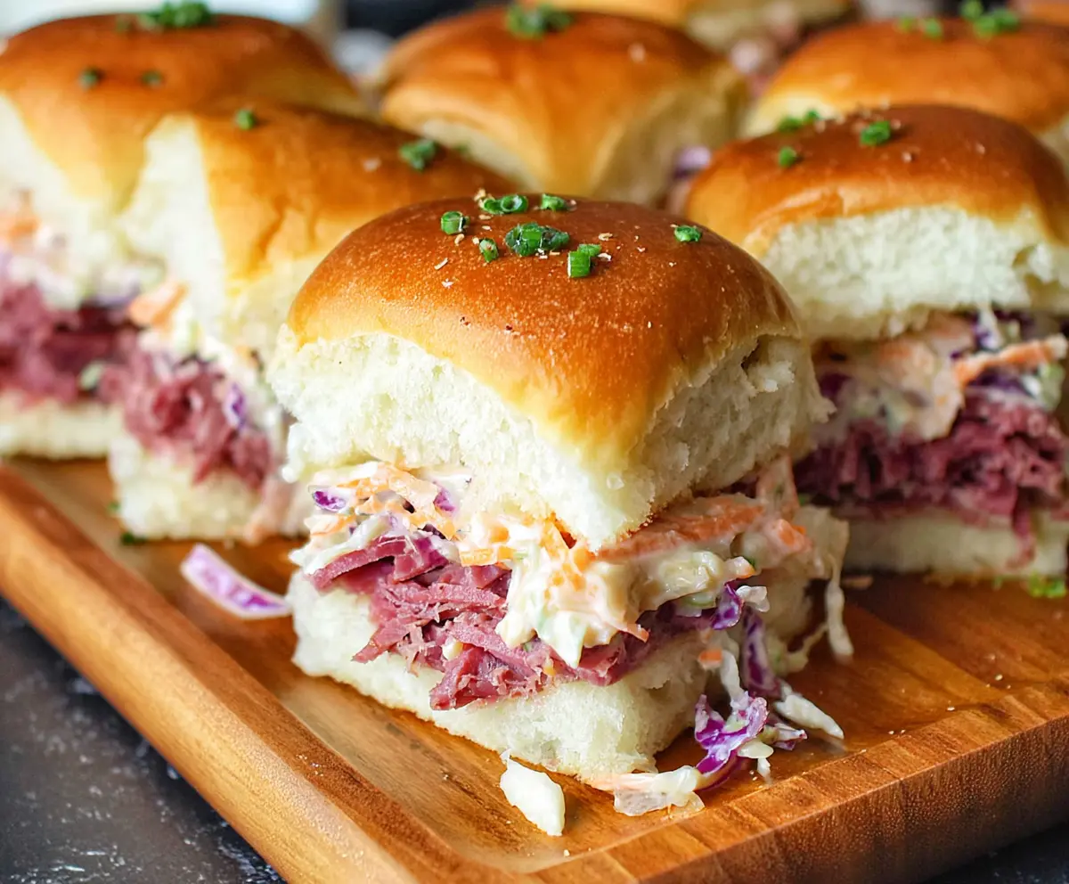 Delicious corned beef sliders with melted cheese and pickles on mini buns