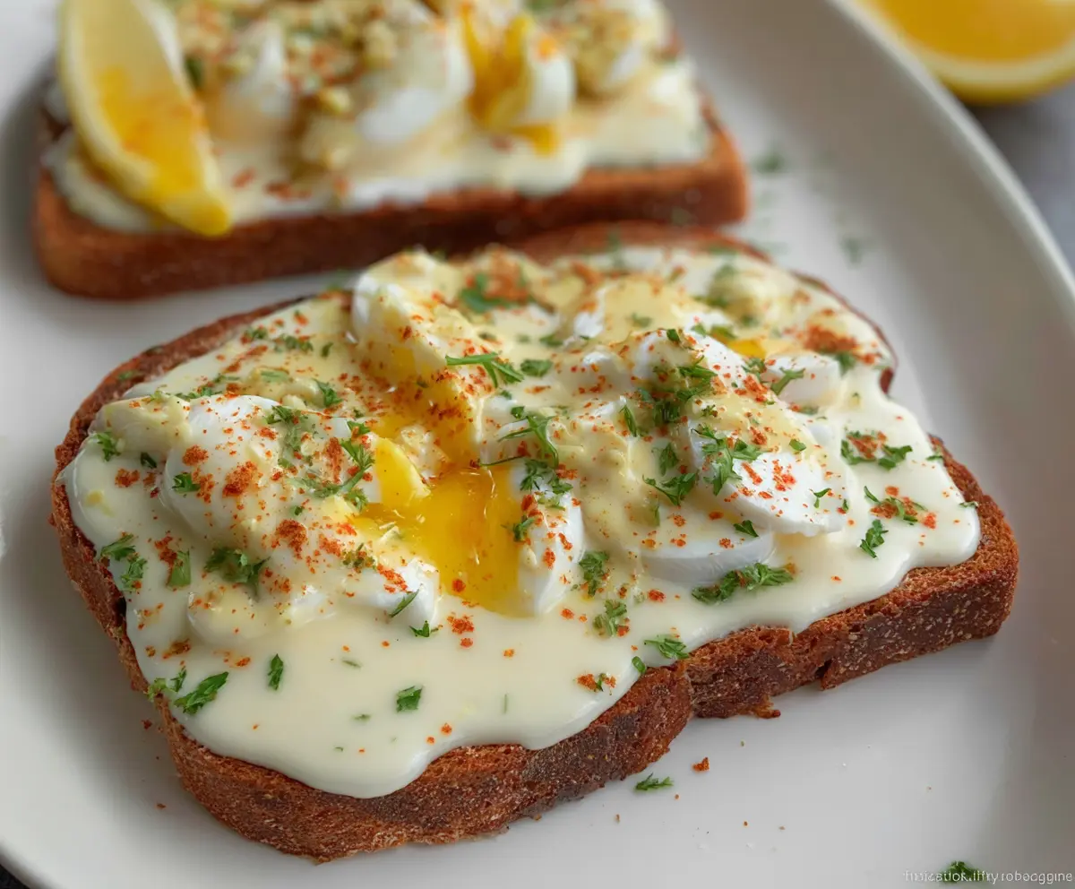 Delicious creamed eggs served on toasted bread, perfect for breakfast or brunch.