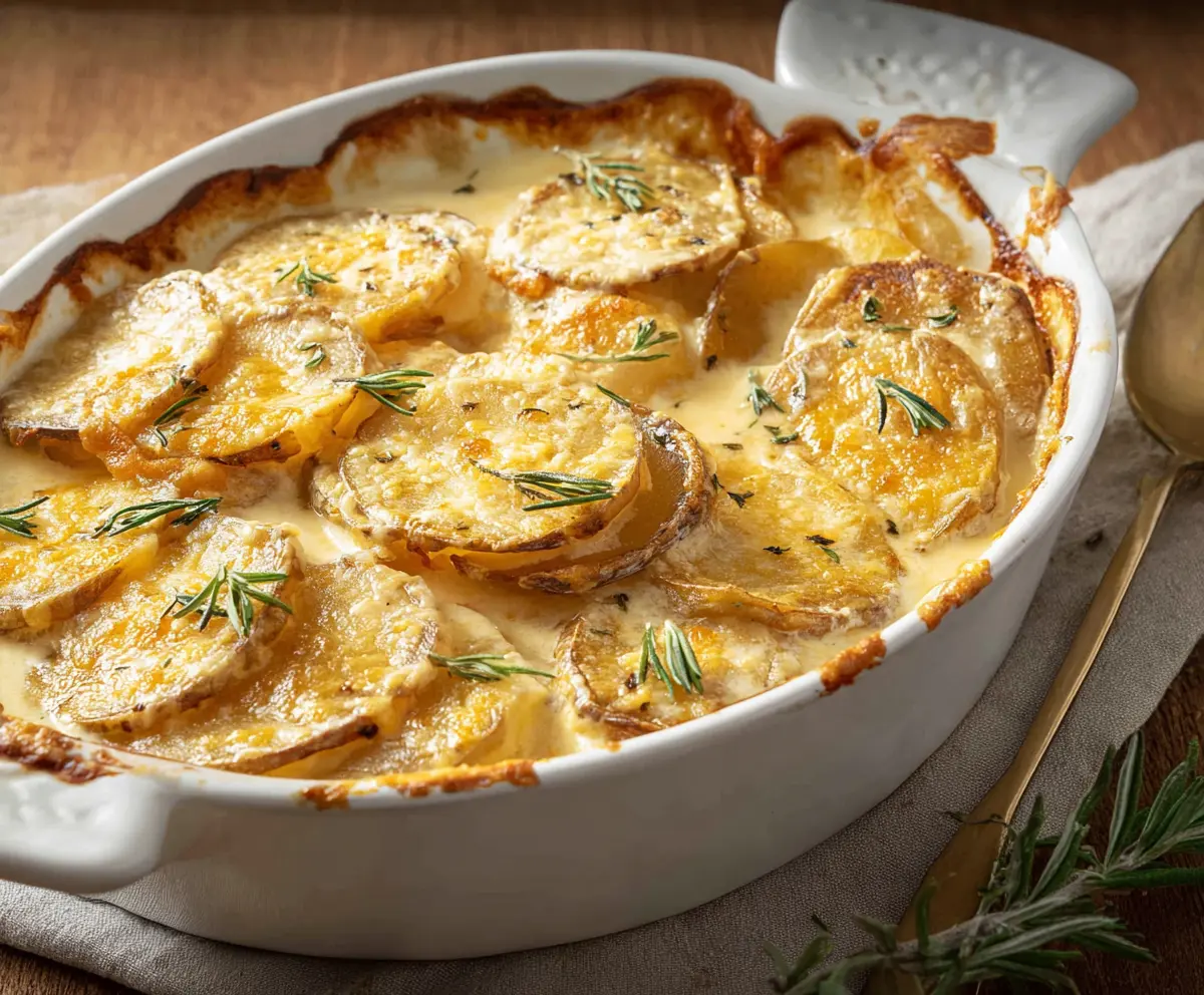 Delicious creamy au gratin potatoes baked to perfection with golden cheese crust.