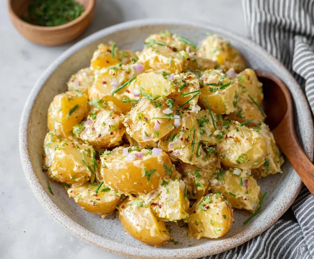Creamy mustard potatoes served in a bowl, garnished with fresh herbs, perfect for a flavorful side dish.
