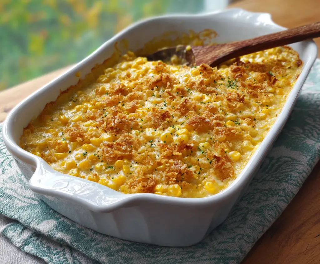 Delicious Creamy Scalloped Corn in a baking dish, garnished with herbs