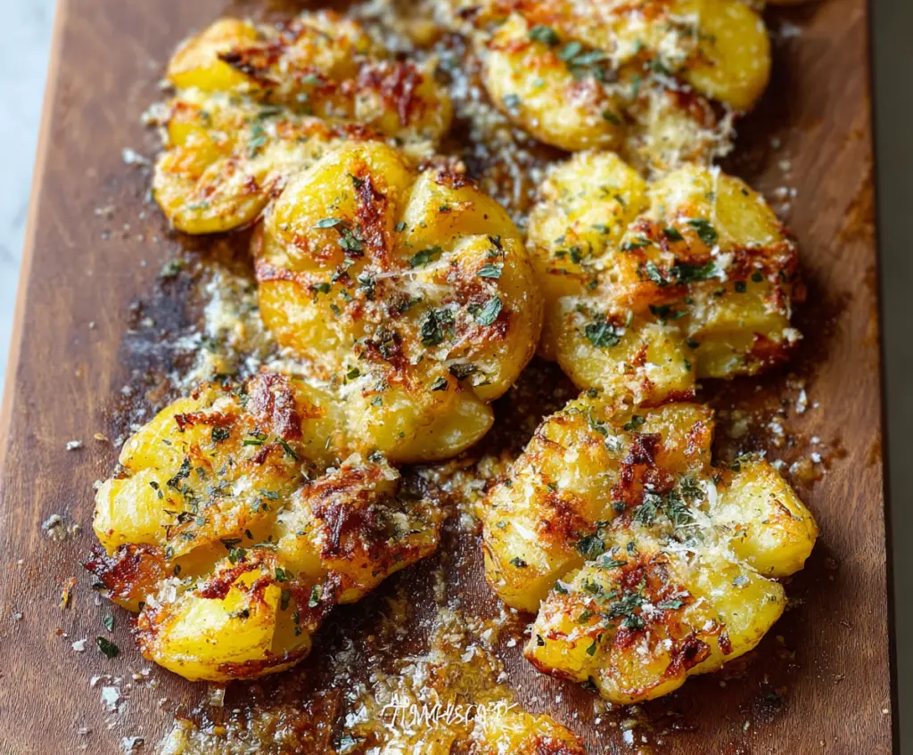Golden crispy garlic butter parmesan smashed potatoes served on a rustic plate.