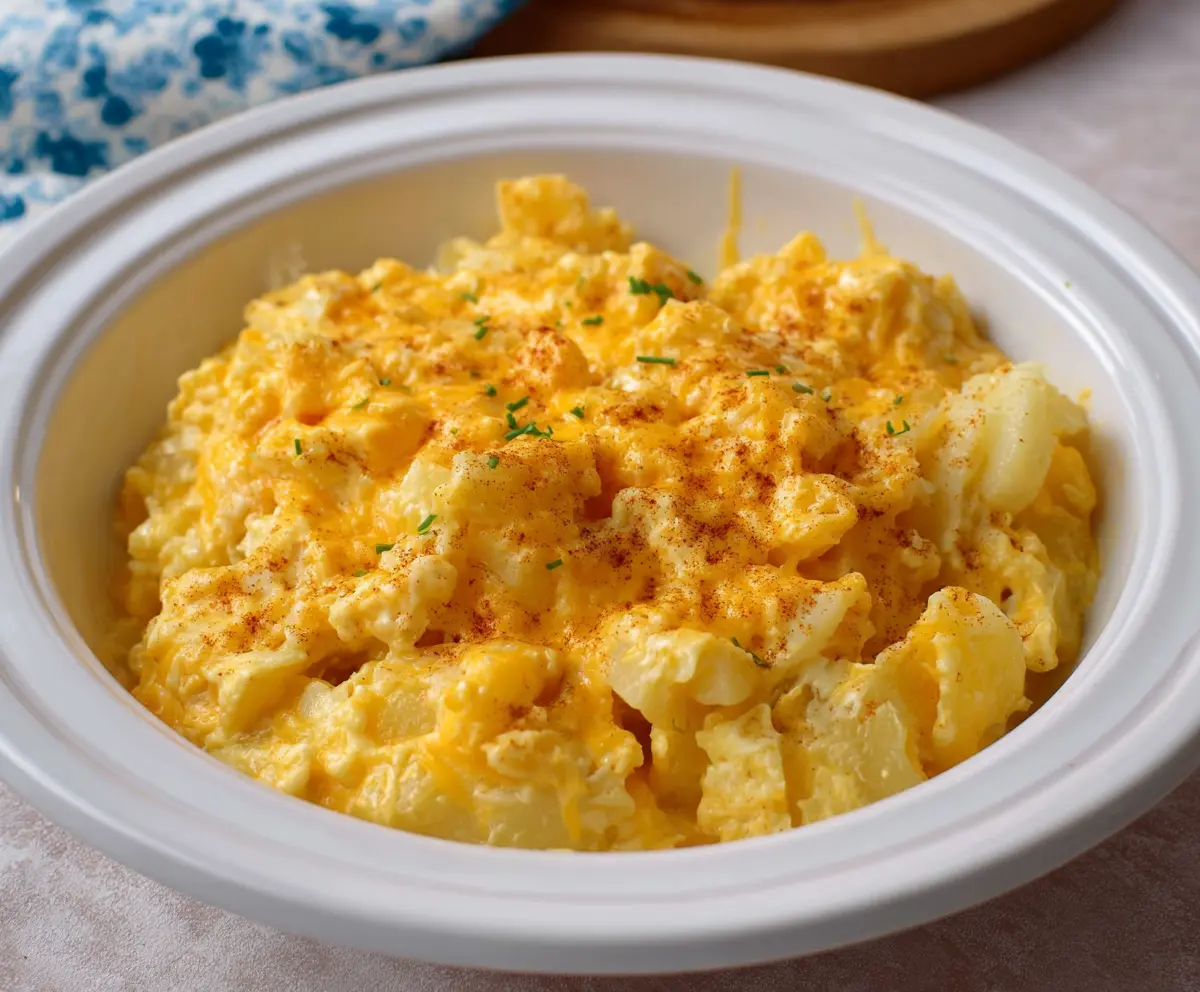 Delicious cheesy potatoes cooked in a slow cooker, perfect for comfort food lovers.