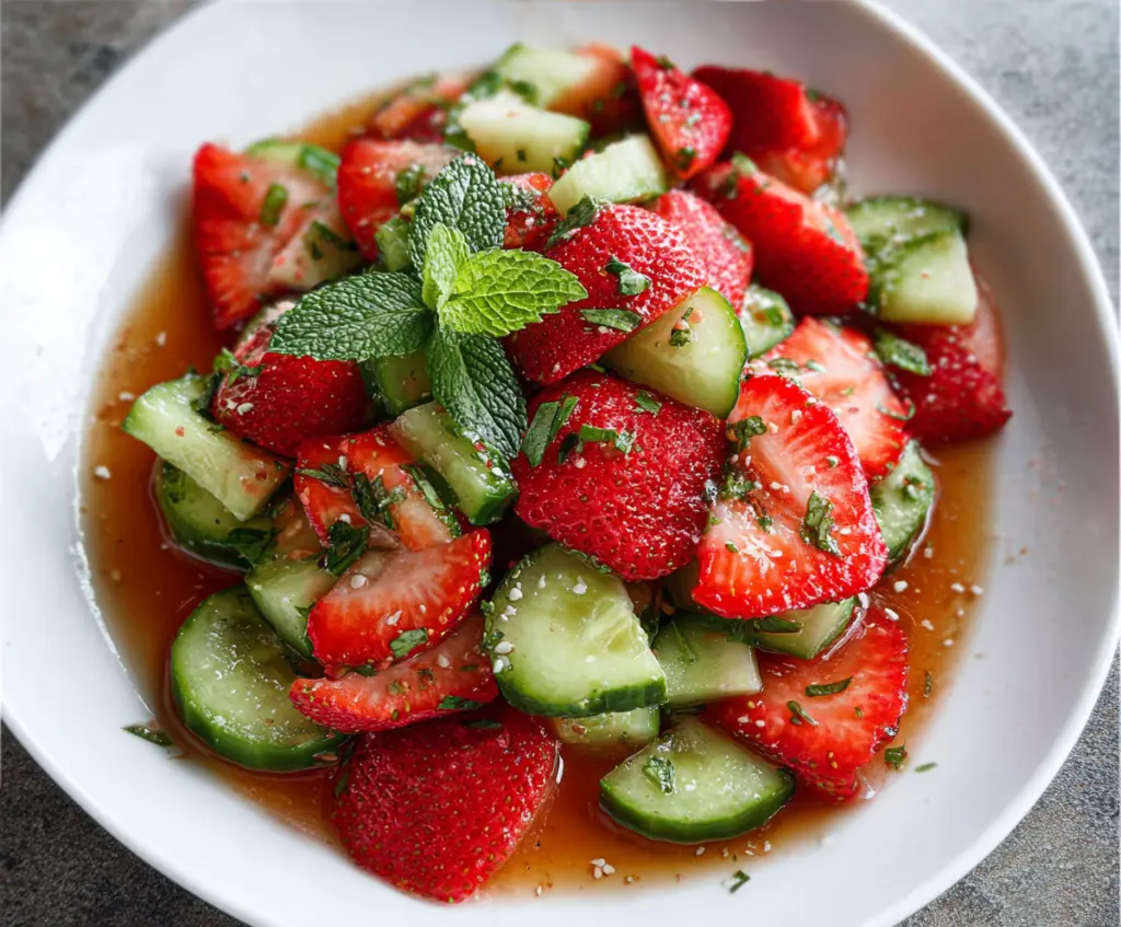 Fresh cucumber and strawberry salad in a clear bowl, vibrant and healthy, perfect for summer meals.