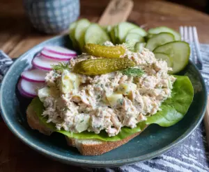 Dill Pickle Tuna Salad in a bowl with fresh dill and chopped pickles, perfect for sandwiches or salads.