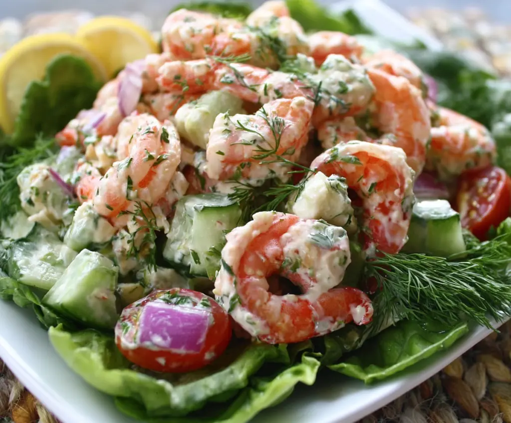 Fresh Dill Shrimp Salad with vibrant greens and juicy shrimp in a light dressing.