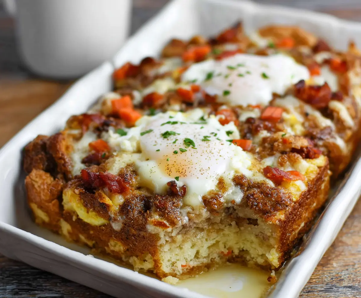 Delicious Easter Breakfast Bake with eggs, cheese, and fresh herbs in a baking dish.