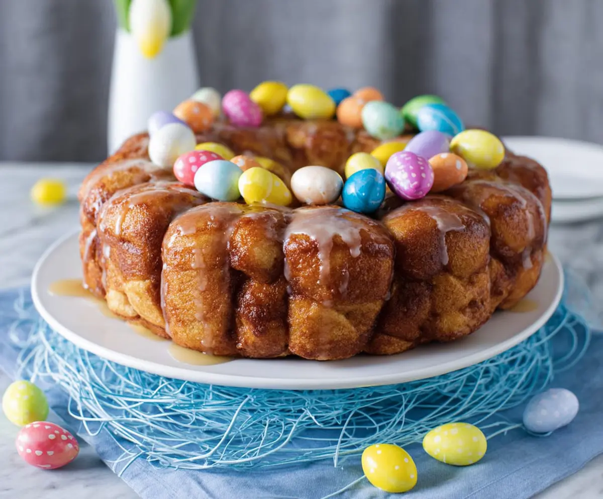 Delicious Easter Brunch Monkey Bread topped with icing and colorful sprinkles, perfect for sharing.