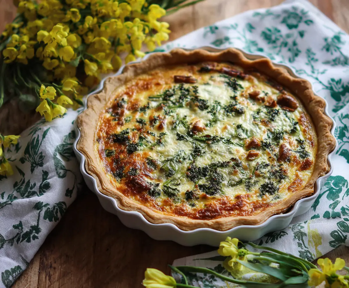 Delicious Easter brunch quiche with fresh vegetables and melted cheese on a festive table.