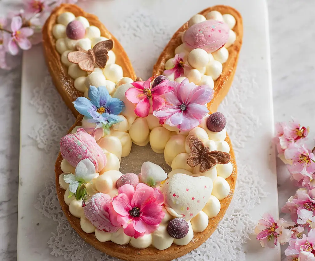 Delicious Easter Bunny Cream Tart with a festive decorative design and creamy filling.
