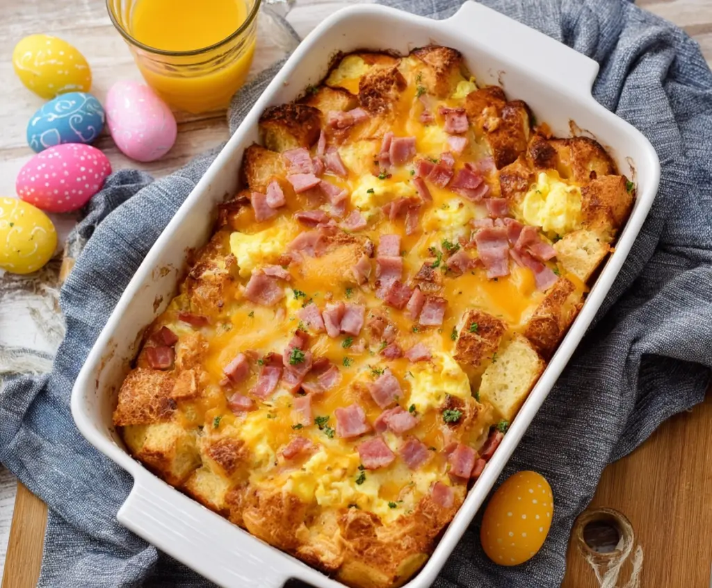 Delicious Easter cheesy ham and egg casserole with melted cheese and savory ham slices.