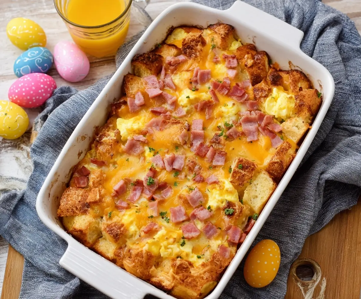 Delicious Easter cheesy ham and egg casserole with melted cheese and savory ham slices.