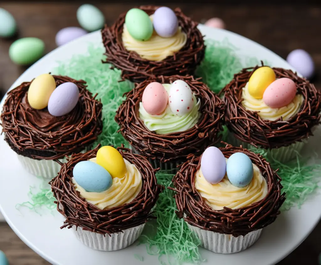 Decorative Easter Egg Nest Cupcakes with colorful candies and spring-themed toppings.