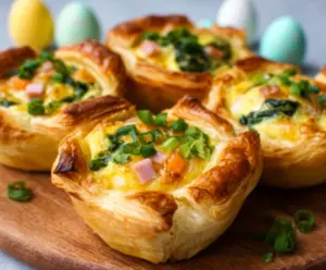 Easter Puff Pastry Quiche Cups with fresh vegetables and cheese for brunch celebration